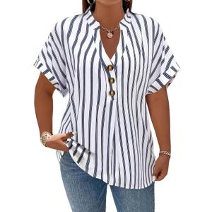 Plus-Size Women's Striped Blouse Spring Summer New Notched V-Neck Short Sleeve Decorative Buttons, 5xl