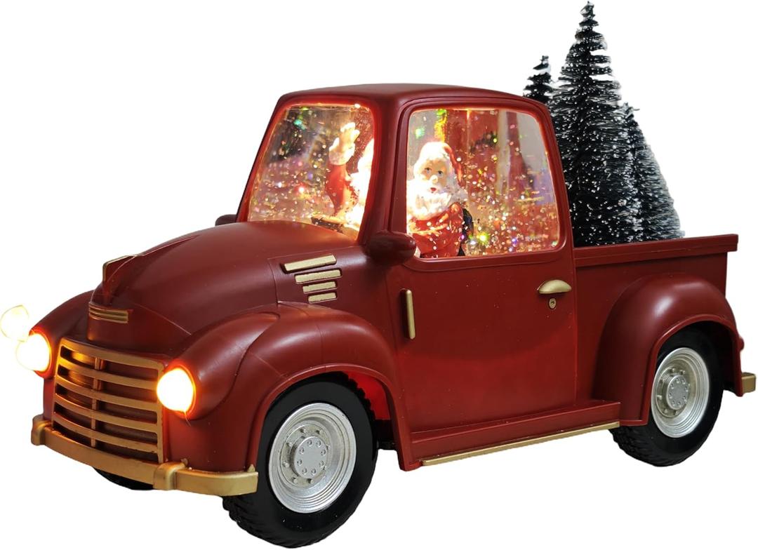 Red Pickup Truck Christmas Snow Globe, Resin Santa Claus Christmas Home Decoration