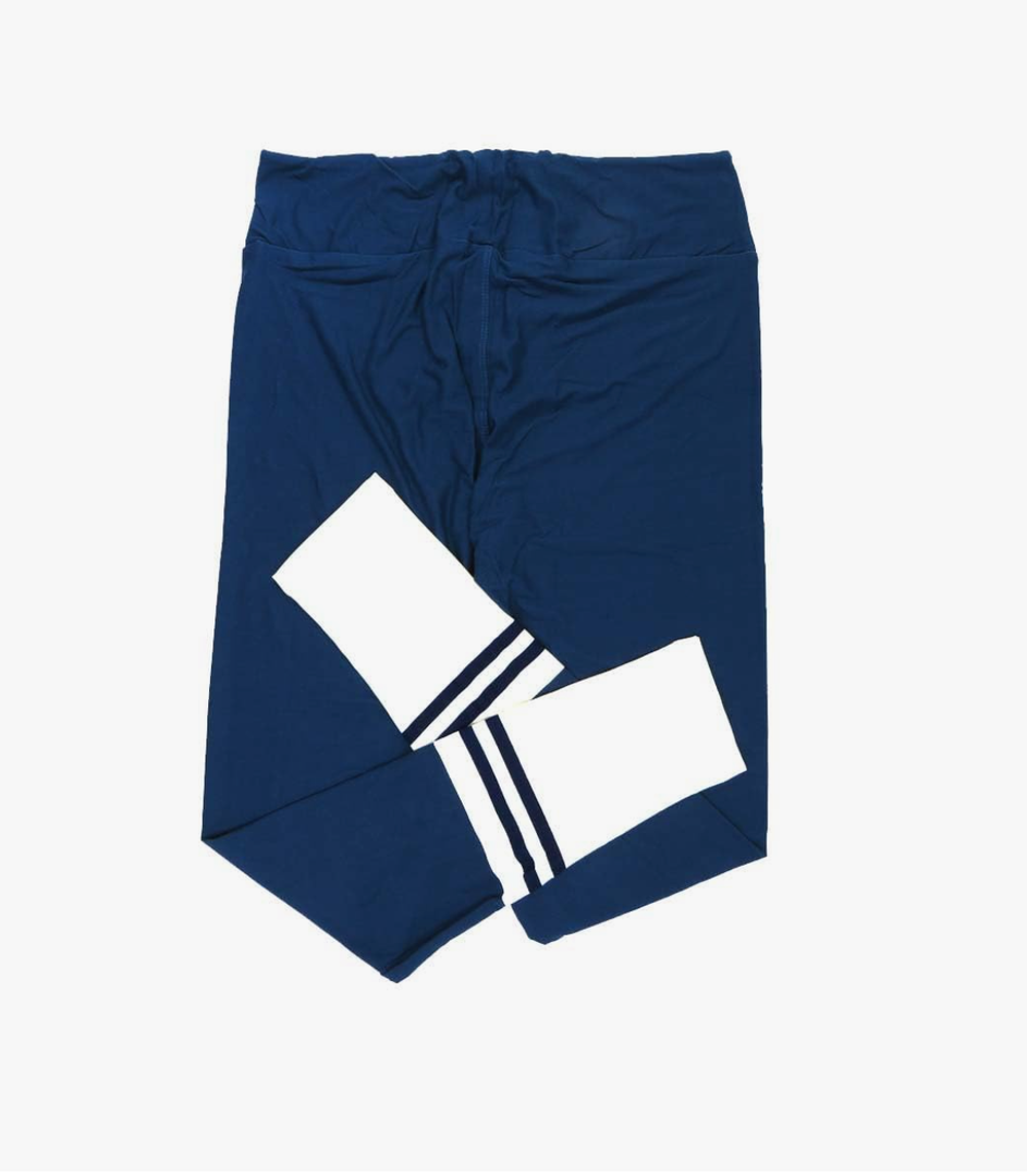 Lularoe Tall Curvy (TC fits Sizes 12-18) Solid Blue with White Ankles and Stripes Buttery Soft Adult Leggings, Pack Of 2