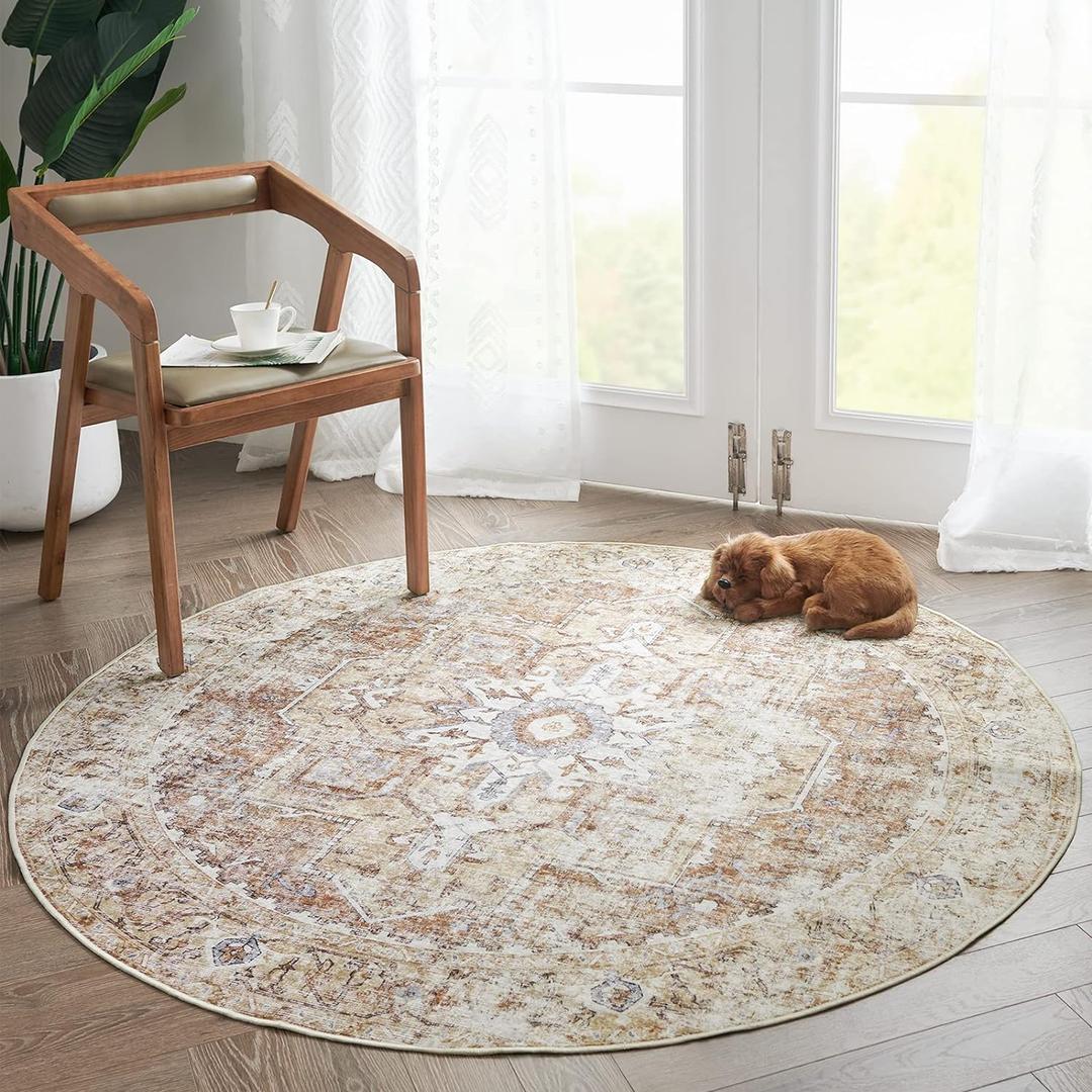 jinchan Round Rug 4ft Washable Area Rug Indoor Vintage Floor Cover Distressed Circle Mat 4' Round Lightweight Non Slip Low Pile Thin Carpet for Entryway Kitchen Living Room Bedroom Brick Red