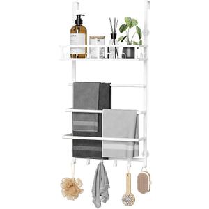 Aetyord Towel Racks for Bathroom Over The Door Towel Rack Towel Storage with Metal Shelf Basket and Hooks White