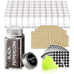 SWOMMOLY 66 Glass Spice Jars with 703 Spice Labels, Chalk Marker and Funnel Complete Set. 66 Square Glass Jars 4oz, Airtight Cap, Pour/sift Shaker Lid