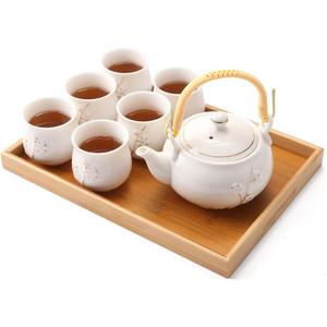 Dujust Japanese Tea Set, White Porcelain Tea Set with 1 Teapot Set, 6 Tea Cups, 1 Tea Tray, 1 Stainless Infuser, Cute Asian Tea Sets for Adults/Tea Lover/Women/Men (Plum in Golden)