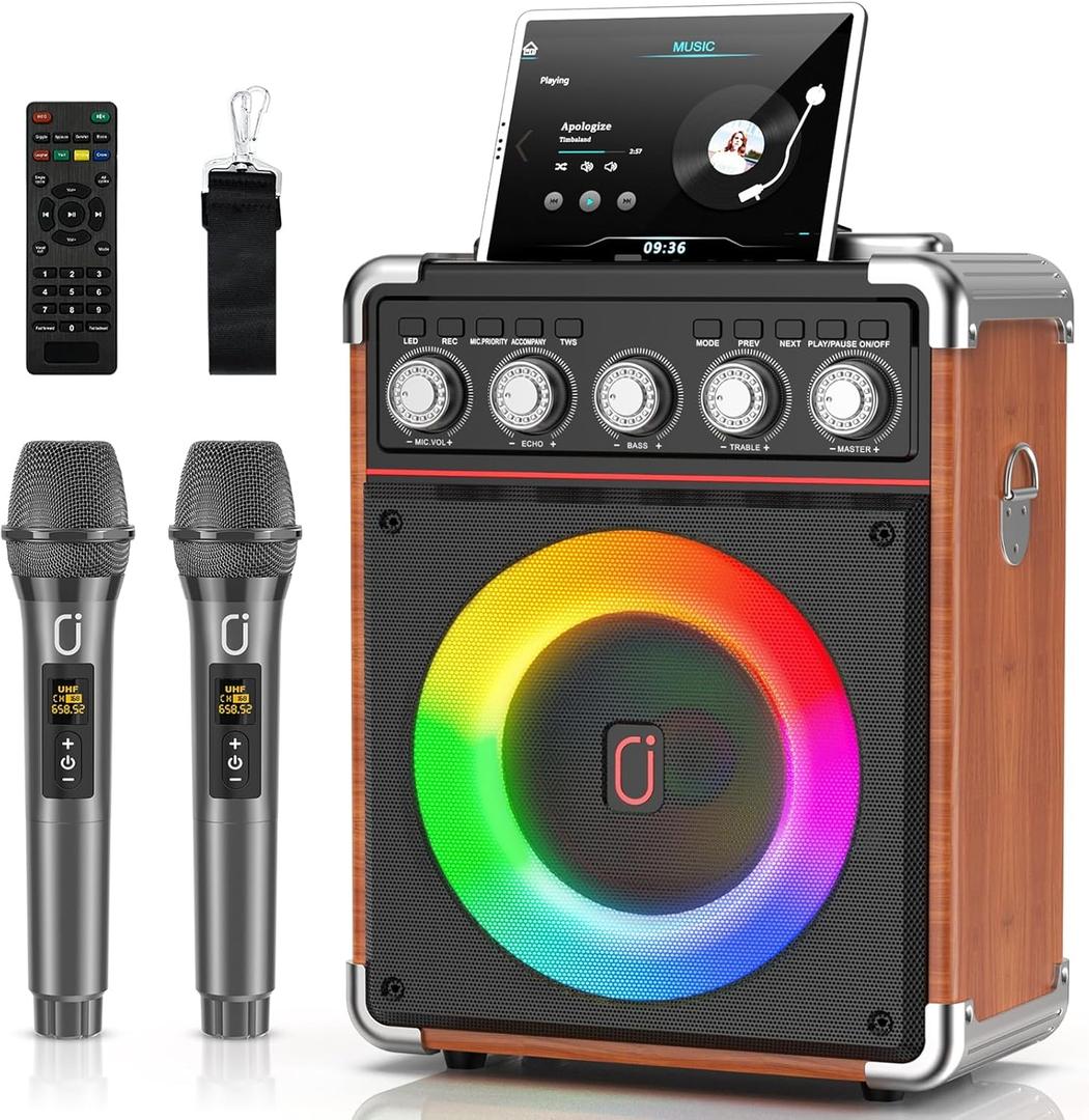 Karaoke Machine for Adults Kids, Bluetooth Speaker with 2 Karaoke Microphones, Bass/Treble Adjustment, Portable PA System with Remote Control/LED Lights for Home Party, Support USB/AUX/REC/TWS (30watt-Wood)