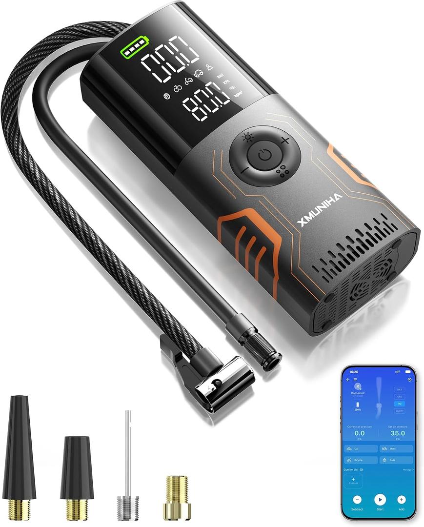 Tire Inflator Portable Air Compressor - Smart APP Control Bike Pump, All-in-One Storage Air Pump for Car Tires, 10000mAh with Digital Gauge, 150PSI Tire Pump for Car, Motorcycles, Bikes, Balls