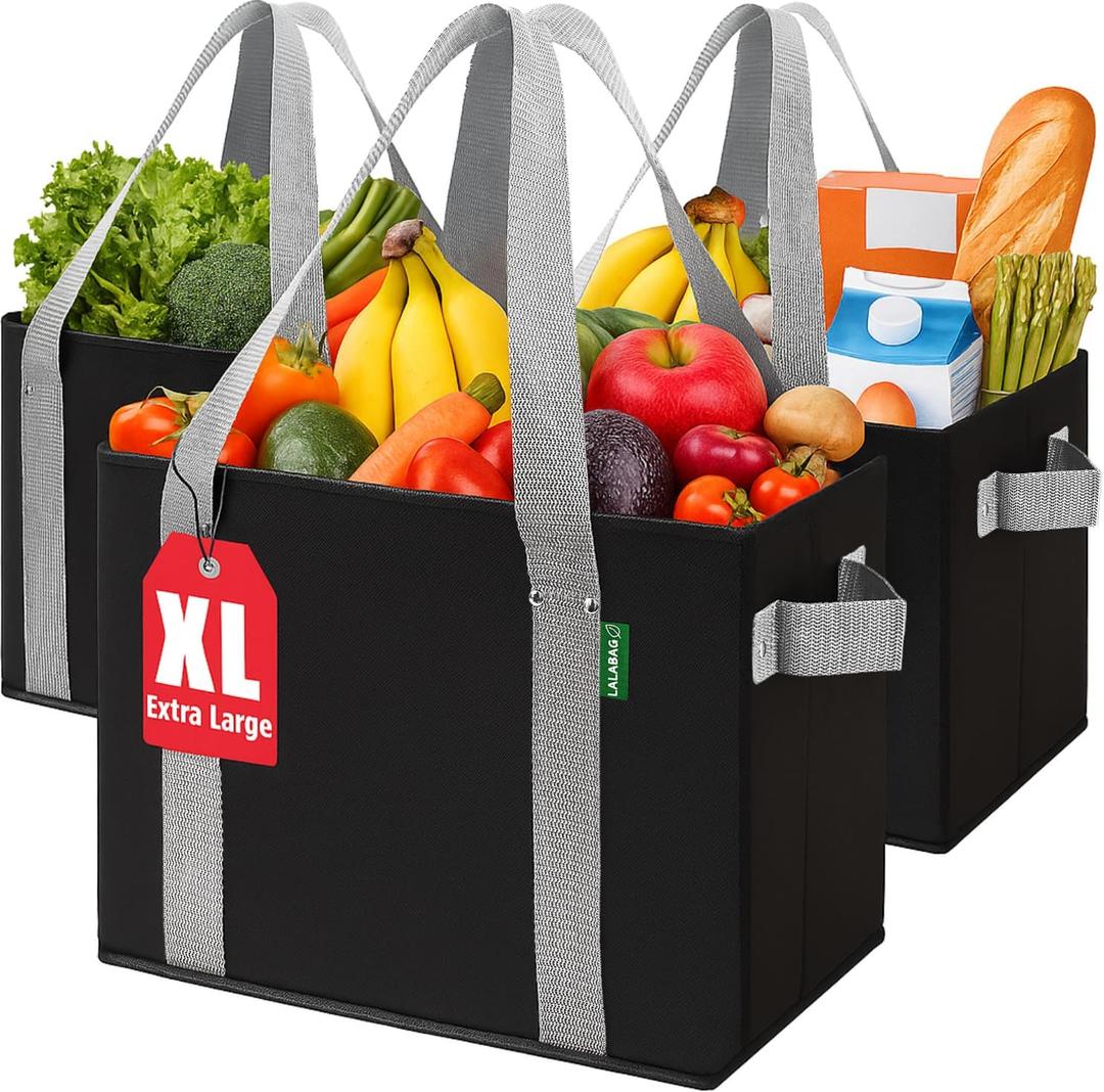 Reusable Grocery Bags (3 Pack ) - Heavy Duty Eco Tote Bags with Box Shape to Stand Up, Hold Up to 65 Lbs - Stay Open & Fold Flat - Foldable Reusable Shopping Bags with Long Handles & Hard Bottom (Black)