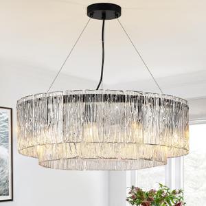 Modern Crystal Glass Round Chandelier 24Black Chandeliers 10-Light Drum Pendant Ceiling Light Fixtures Luxury 2 Tiers Hanging Lighting for Dining Room Foyer Living Room Bedroom