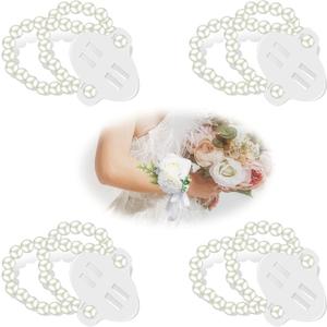 HIONXMGA Corsage Wristlet Band 4 Pcs Elastic Pearl Wrist Corsage Bracelets Bands for Women, Stretch Pearl DIY Handmade Prom Flower Supplies Accessories for Wedding Graduation Party