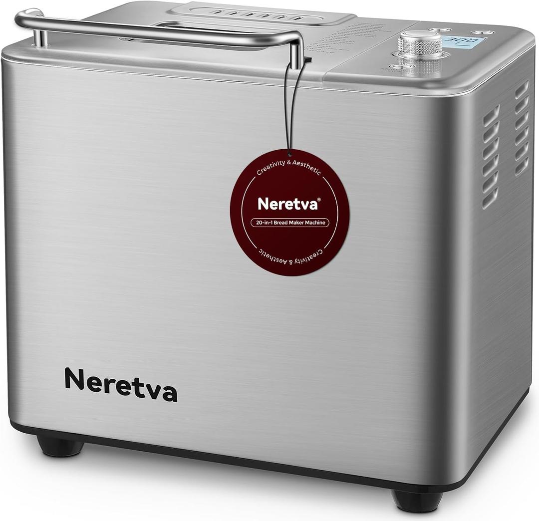 Neretva 20-IN-1 Bread Maker, Dual Heater 2LB Bread Machine Stainless Steel Bread Maker Machine Nonstick Ceramic Pan Compact for Gluten Free/Sourdough/Whole Wheat Bread/Yogurt, Breadmaker Recipe-Silver (Sliver)