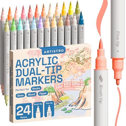 ARTISTRO 24 Pastel Dual-Tip Acrylic Paint Markers - Brush + Fine Tip Combo - Multi-Surface Paint Pens in Soft Colors