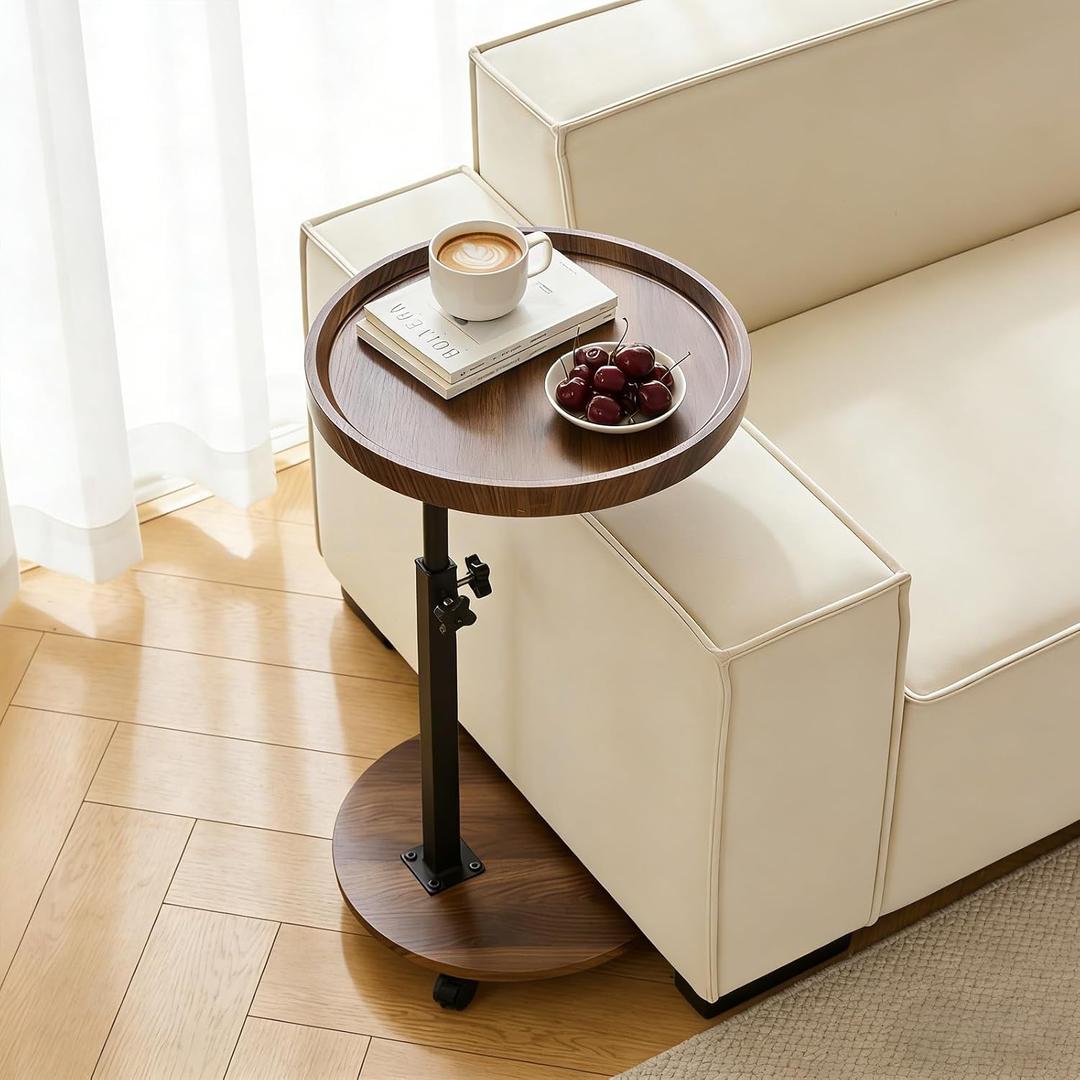 C Table End Table Adjustable Height, Couch Tables that Slide Under for Small Spaces, 360Swivel TV Tray Table, C Shaped Side Tables Living Room and Bedroom for Sofa, Bed, Chair, Snack (Walnut Brown)