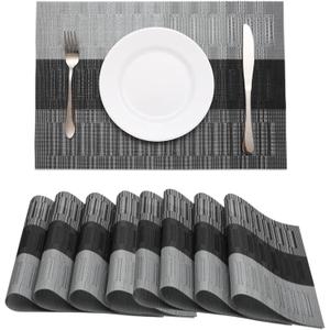 HeloHo Black Grey Stripe Placemats Set of 8, Heat-Resistant Washable Placemats Non-Slip Vinyl Woven Table Mats Wipeable Placemat for Kitchen Dining Table Decoration Indoor Outdoor