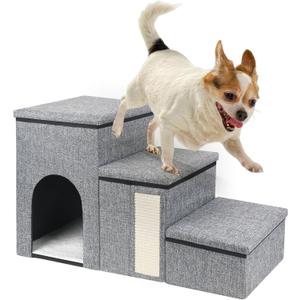 petizer Dog Stairs for Small Dogs, Foldable Pet Stairs for Couch/Bed with Storage Box, Condo and Cat Scratcher, Adjustable Non-Slip Dog Steps for Puppy, Cats, or Small (3-Step,17" H)