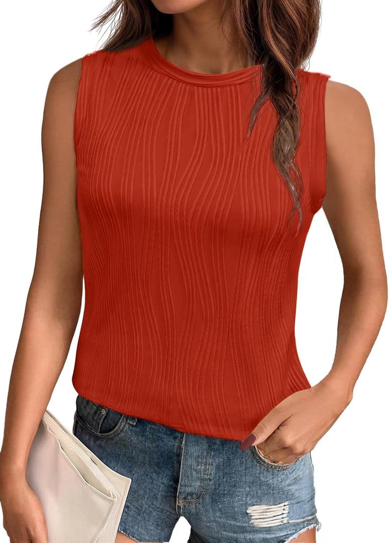 PrinStory Womens Sleeveless Textured Slim Tops Crewneck Knit Solid Summer Casual Shirts Pullover Tank Tops for Women (Orange, L)