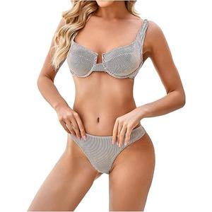 Sweaty Rocks Women's 2 Piece Bikini Set Striped Print Spaghetti Strap Push Up Swimsuit, Size Large