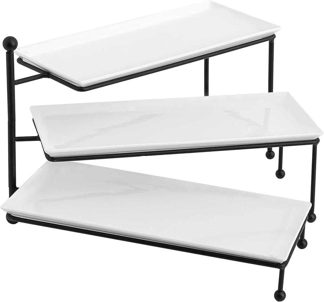 Kanwone 3 Tiered Serving Stand - White Porcelain Platters, 14.5" x 6" Tier Serving Trays for Entertaining, Dessert Stand