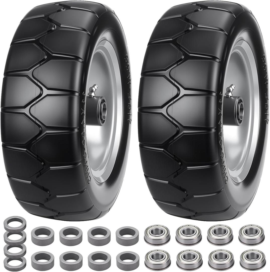 11x4.00-5'' Lawn Mower Tires Flat Free, Zero Turn Mower Front Tires, 11x4-5 Solid Tires and Wheel with 3/4" or 5/8" & 1/2" Precision Bearings, 3.4"-5.6" Centered Hub for Zero-Turn Lawn Mower (2 Pack), 11x4.00-5 Solid TiresGery Rim)
