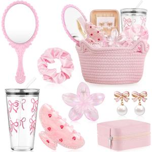 9Pcs Valentine's Day Basket Gifts for Her, Pink Woven Basket Birthday Gift Set Include Woven Basket, Cup, Earring, Flower Clip, Valentine Gift Stuffers for Mom Wife Daughter Teen Girlfriend