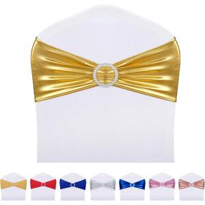 LEBENGURU Metallic Gold Spandex Chair Sashes, 30pcs Premium Stretch Bows With Buckle Slider, Universal Elastic Bands for Wedding Party Banquet Decoration