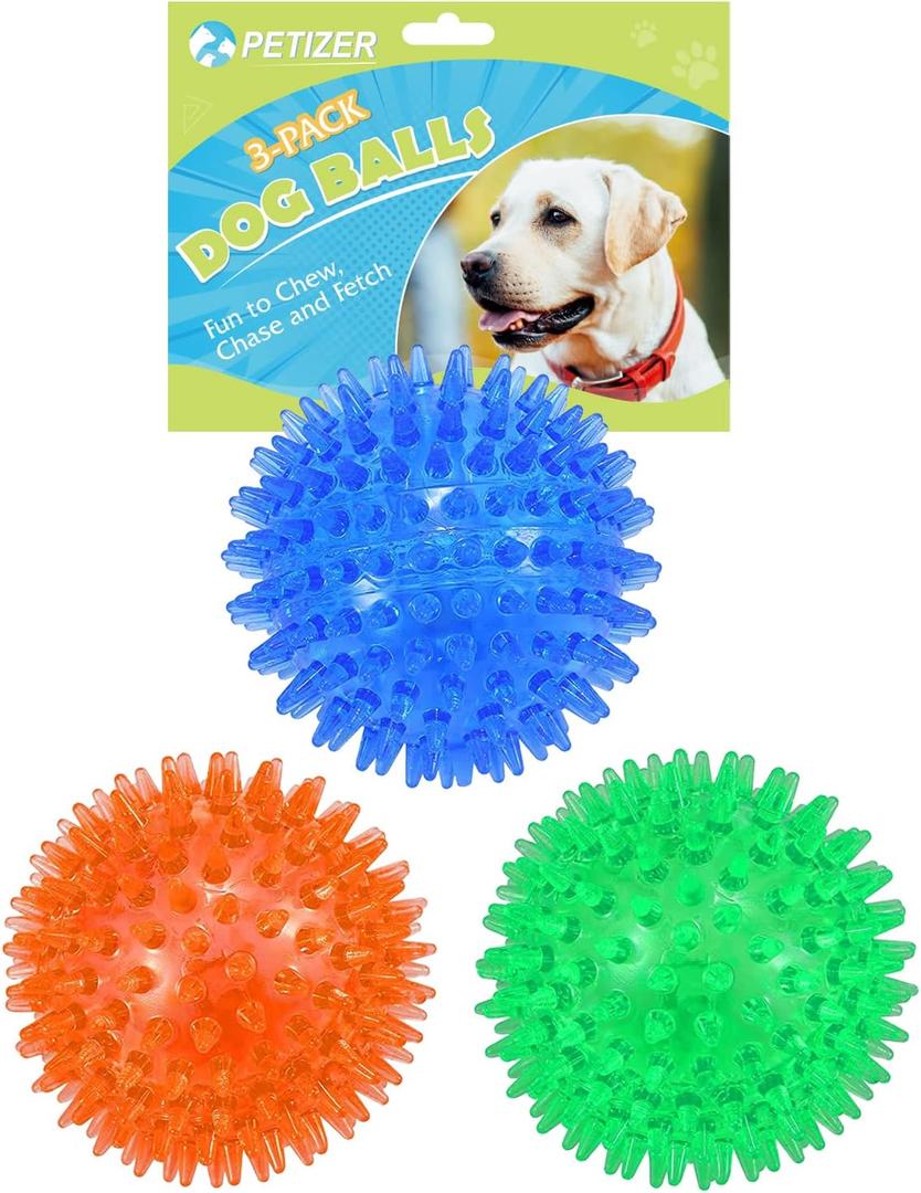 Petizer 3 Pack 2.5" Squeaky Toy Balls, Floating Pool Balls, Spiky Water Toys, Durable Interactive Fetch Toys for Puppy, Chew Toys for Teething (Small Dog) (Blue+Orange+Green)