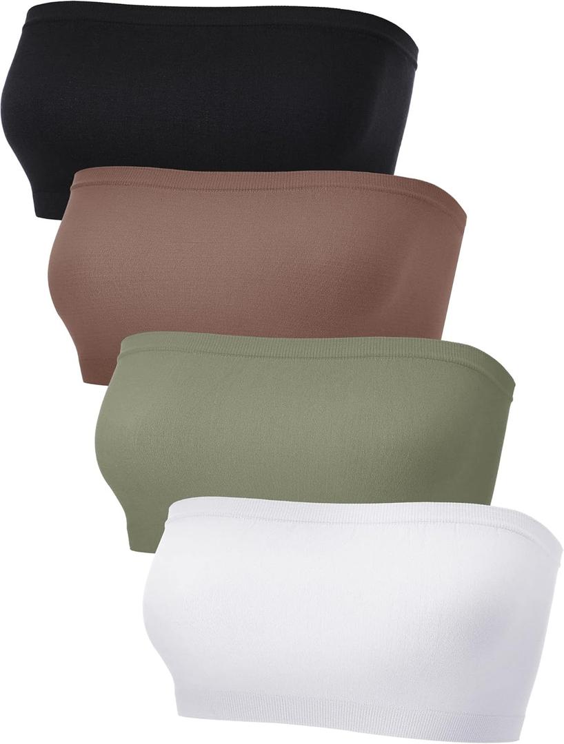 4 Pieces Women's Bandeau Bra Strapless Bralette Seamless Bandeau Non-Padded Stretch Top Bra (Black, White, Dark Green, Coffee, S)