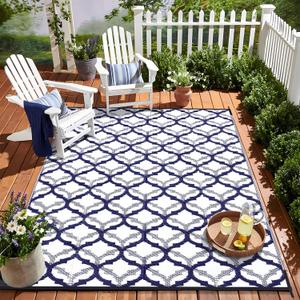 OLANLY Reversible Outdoor Rug 9x12 ft Clearance, Waterproof Outdoor Plastic Straw Rug with Interlacing Pattern, RV Mat for Patio, Camping, Balcony, Deck, Backyard, Navy & White