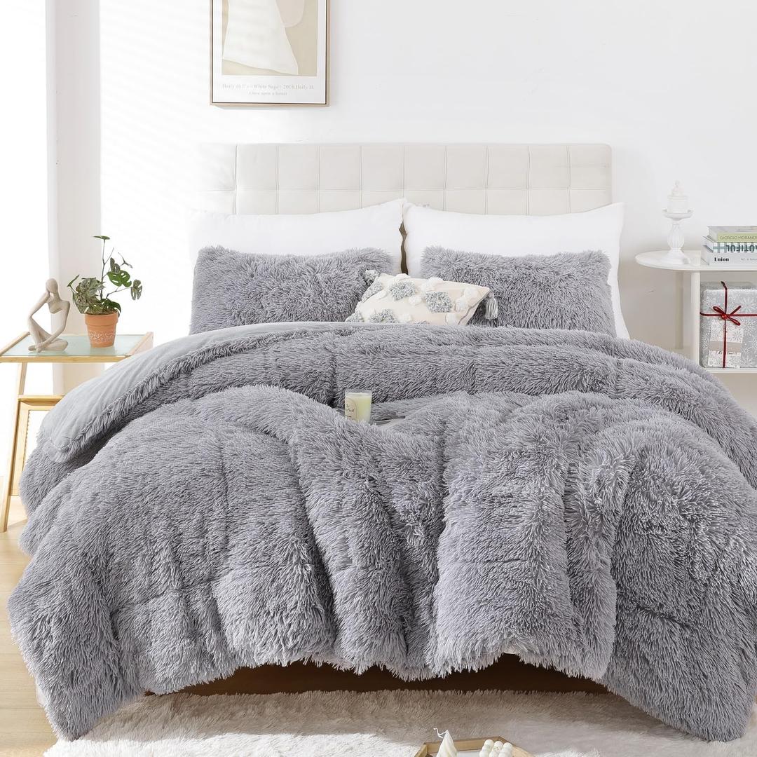 Smoofy Fluffy Queen Comforter Set, Faux Fur Comforter Set Queen Size, Luxury Fuzzy Bedding Set, Soft Shaggy Bed Set for All Season, 3 Pieces - 1 Comforter & 2 Pillowcases, Grey