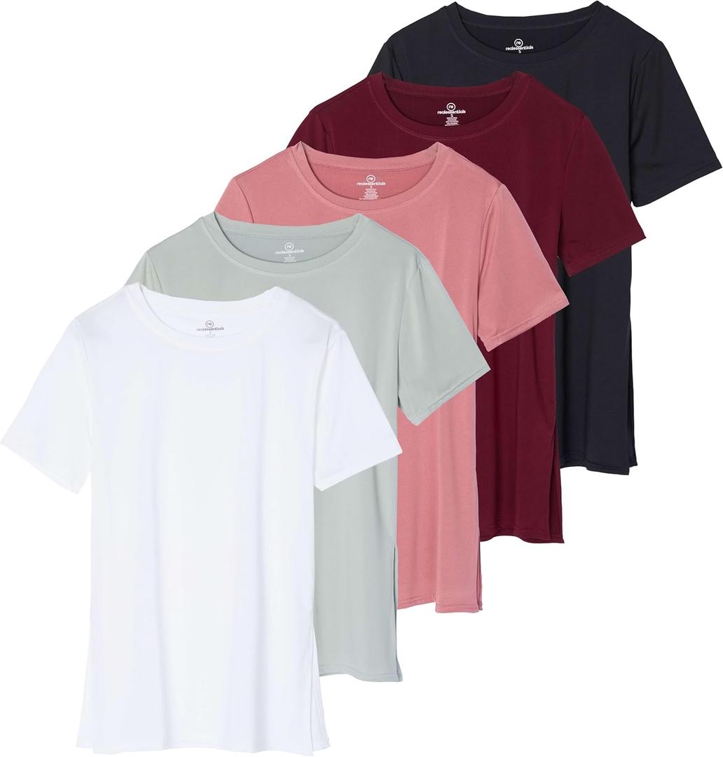 Real Essentials 5 Pack: Women's Short Sleeve Active Workout T-Shirts - Dry Fit Gym Tops with Split Hem (Plus Sizes) (XX-Large)
