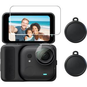 Screen Lens Protector Compatible with Insta360 GO Ultra,1 Tempered Glass Screen Protector, 1 Lens Hydrogel Protector, 2 Silicone Lens Cap Combo, 9H Hardness, Touch Sensitive, HD - Black
