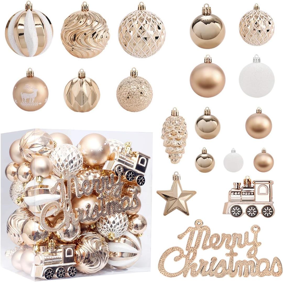 65Pcs Christmas Balls Ornaments Set - Champagne Shatterproof Xmas Tree Ball Decorations with Hanging Loop for Wreath Holiday Home Decor, 4 Sizes
