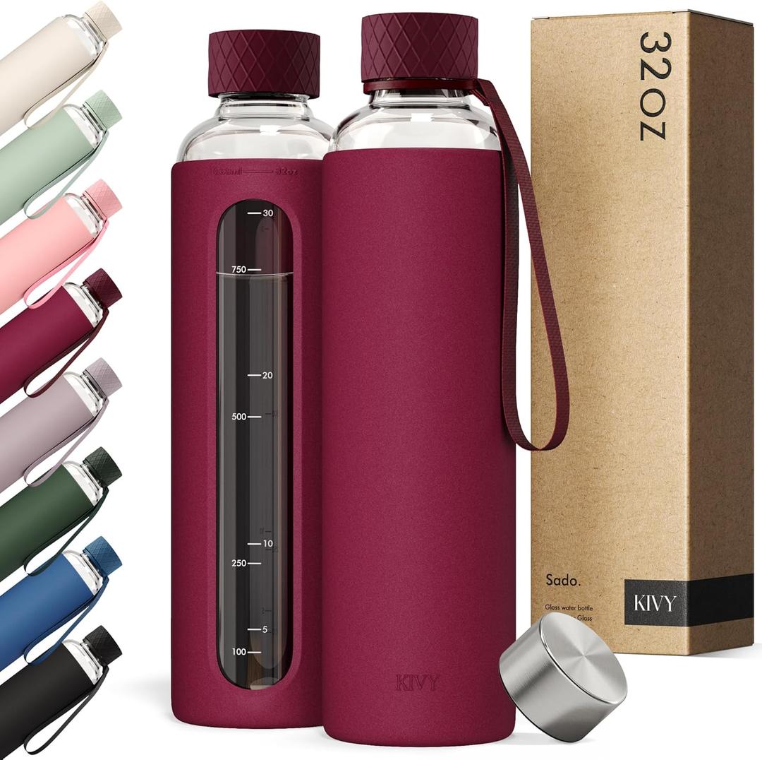 KIVY Glass Water Bottle with Silicone Sleeve 32 oz [WITH MEASUREMENT] - Borosilicate Glass Water Bottle Screw Top - Clear Bottles with Measurement Marking - Slim Waterbottle Aesthetic - Dark Ruby