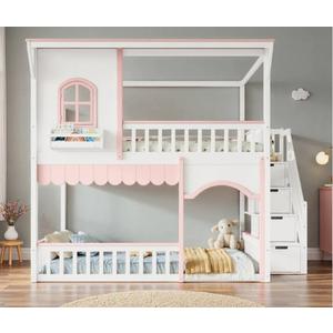 NCKMYB House Bunk Bed with Storage Stairs and Side Bookshelf, Full Size Loft Bed, White + Pink