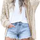 Ermonn Womens Crochet Cardigan Sweater Kimonos Boho Solid Color Oversized Fall Open Front Outwear (Large, Beige)