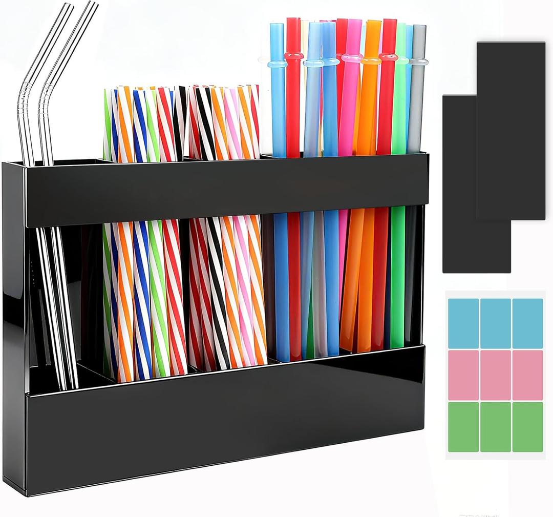 Acrylic Straw Holder, Straw Organizer Dispenser with Two Pieces Rubber Magnet Sheets, Drinking Straw Storage Holder for Cabinet Door Fridge Counter Kitchen Office (Black)