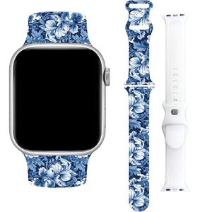 Baxilul Blue & White Floral Sport Band Compatible with Apple Watch 38mm 40mm 41mm, Vintage Botanical Flower Soft Silicone Replacement Strap for iWatch Series 9 8 7 6 5 4 3 2 1 SE