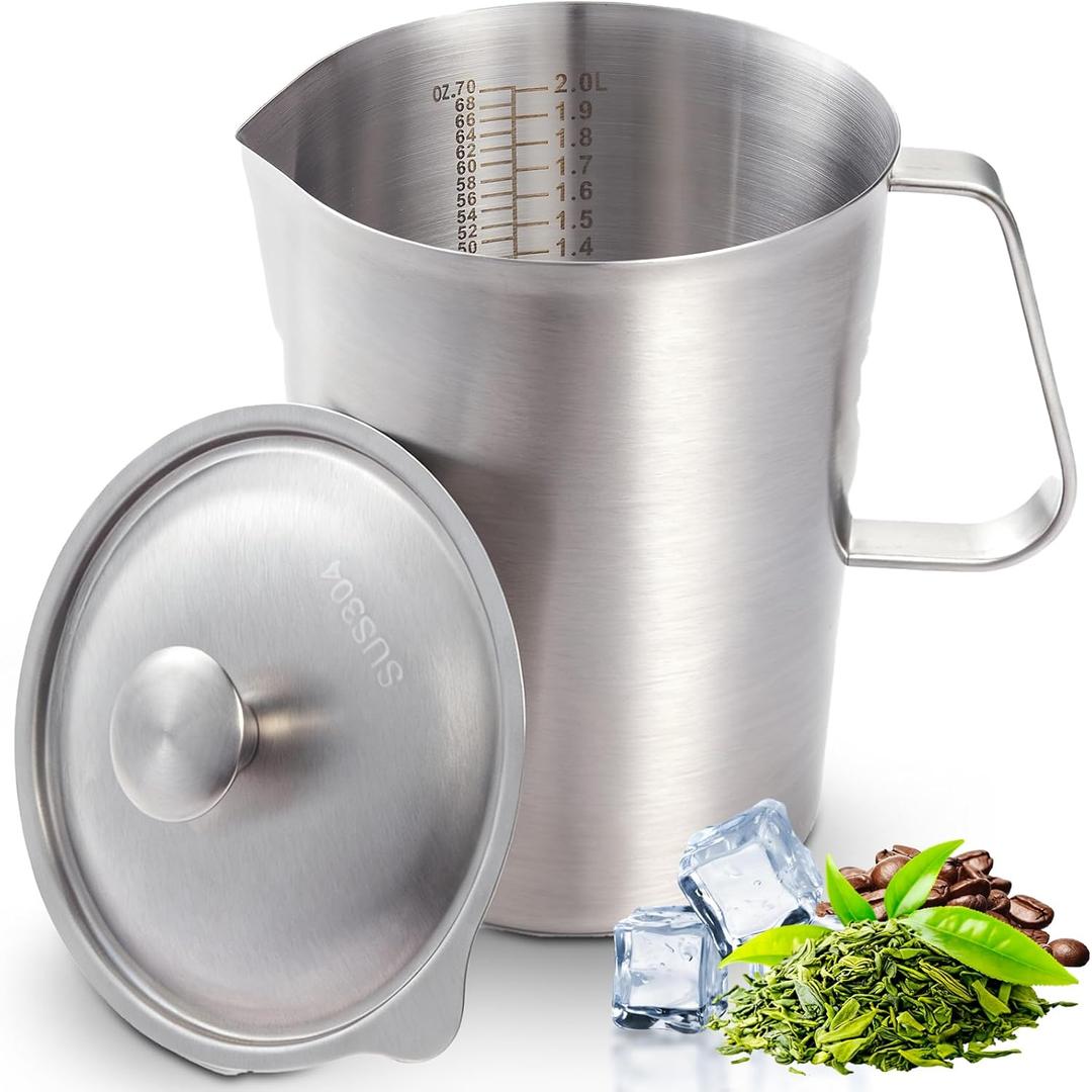 Stainless Steel Pitcher with Lid 2L, Metal 8 Cup Measuring Cup with Handle, Large Mouth Graduated Beakers 70 oz Milk Frothing Pitcher for Espresso Machine, Latte, Iced Tea, Hot & Cold Water