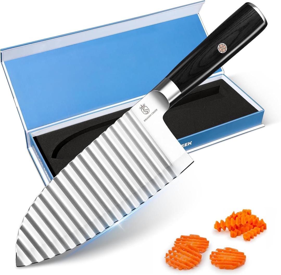 Dragon Creek Crinkle Cutter Knife - Wavy Chopper Potatoes Crinkle Fry Cutter for Vegetable Fruits Fun Carrot Chip Slicer Christmas Thanksgiving Gift Idea Stainless Steel (Black)