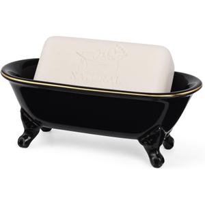 6.5" Ceramic Mini Decorative Clawfoot Bathtub Bar Soap Dish, Kitchen Sponge Holder and Shower Tray for Bathroom, 1 Pack (Black Gold Rim)