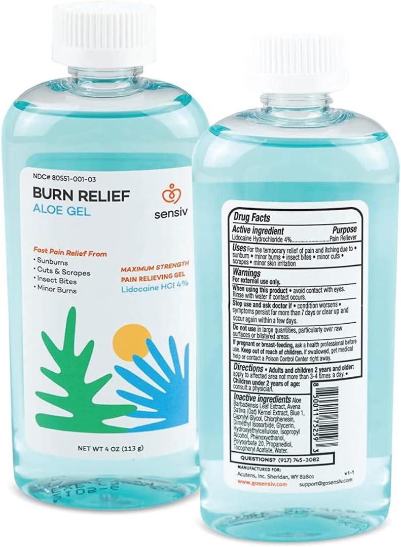 Aloe Vera Gel for Sunburn Relief with Lidocaine Maximum Strength 4%, Solar Recovery for Cooling & Soothing