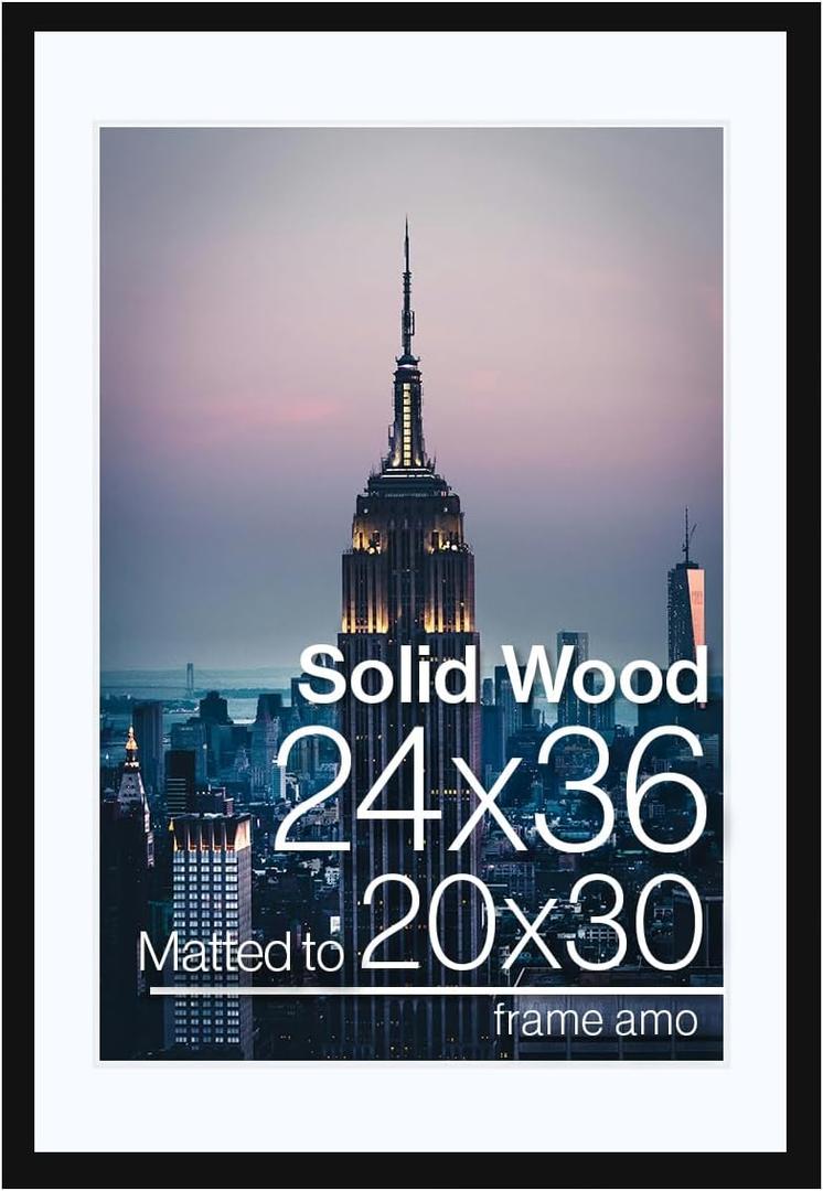 Frame Amo 24x36 Black Solid Wood Picture Frame with 19.5x29.5 White Mat Opening for 20x30 Image, 1 Inch Border, Acrylic Face