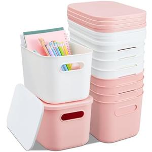 Hoolerry 8 Pieces Colorful Storage Bins with Lid, Plastic Storage Basket Organizing Container Stackable Box with Handle for Shelves Desktop Playroom Office(9.8 x 7.1 x 6.3 Inch,White and Pink)