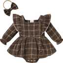 Newborn Baby Girl Fall Winter Clothes Plaid Long Sleeve Romper Buttons Outfit Ruffles Dress with Bow Headband (0-3 Months)