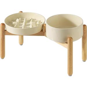 Havniva Ceramic 3.2 Cup Raised Slow Feeder Dog Bowl Set, Elevated 8.2inch Bowl and 9.5inch Slow Pet Food Dish with Wooden Stand for Large Dog (2 xLight Yellow+ Stand)