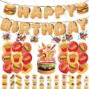 Hamburger Birthday Decoration Set, Cute Food Happy Birthday Banner, Party Supplies with Banner, Hanging Swirl, Balloon, Cake Topper, Cupcake Topper