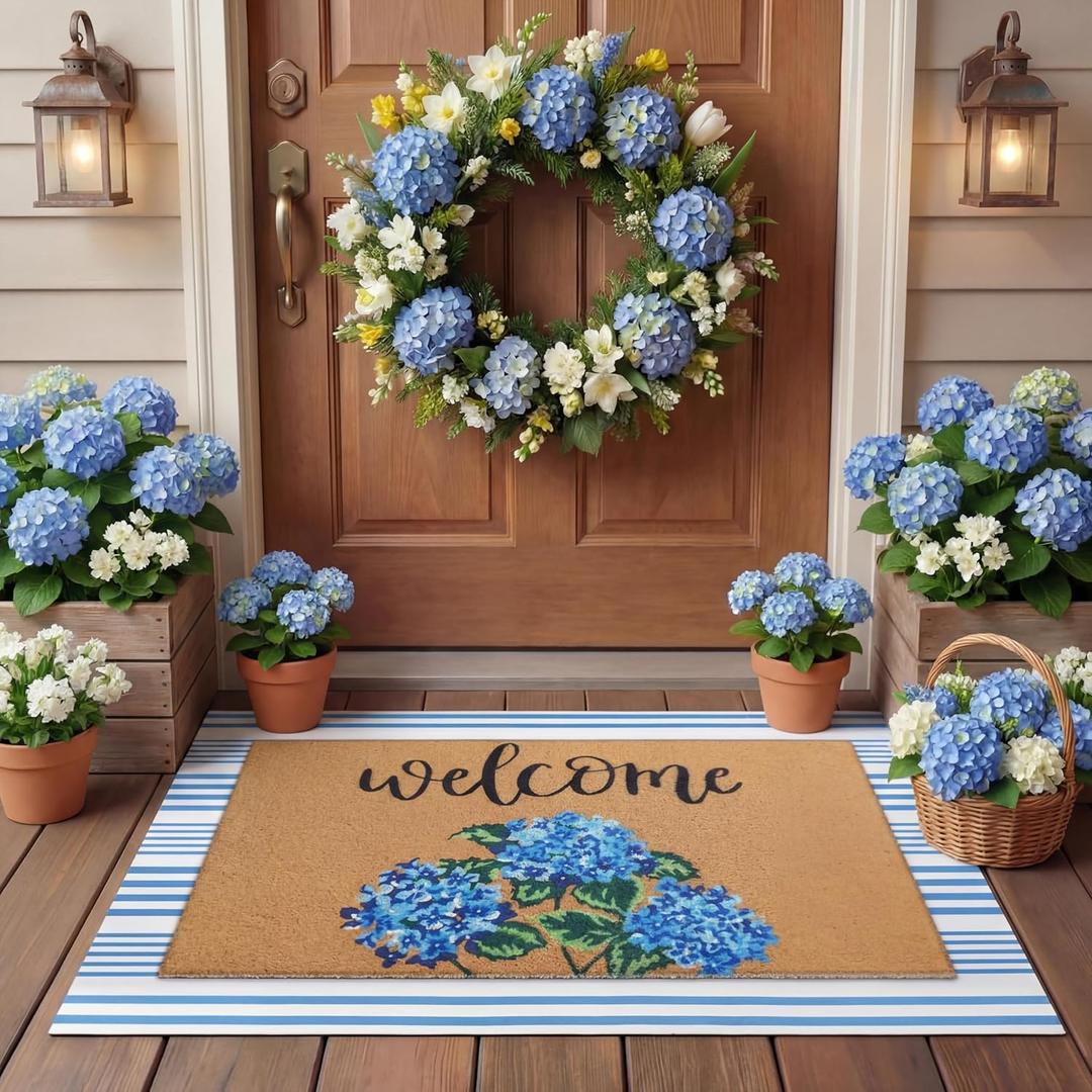 Tinideya 2 Pcs Hydrangea Door Mat Blue and White Stripe Welcome Non Slip Flower Coir Mats Floor Layering Floral Doormats Seasonal for Front Porch Entryway Decor(Blue Flower) (23.6 x 35.4 Inches)