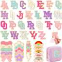 72 Pcs Preppy Chenille Patches Self Adhesive Embroidered for DIY Clothing,Include 52 A-Z Chenille Letter Patches Stickers,20 Rainbow Flower Lighting Bowknot Stick on Patches for Bags Backpacks Hats