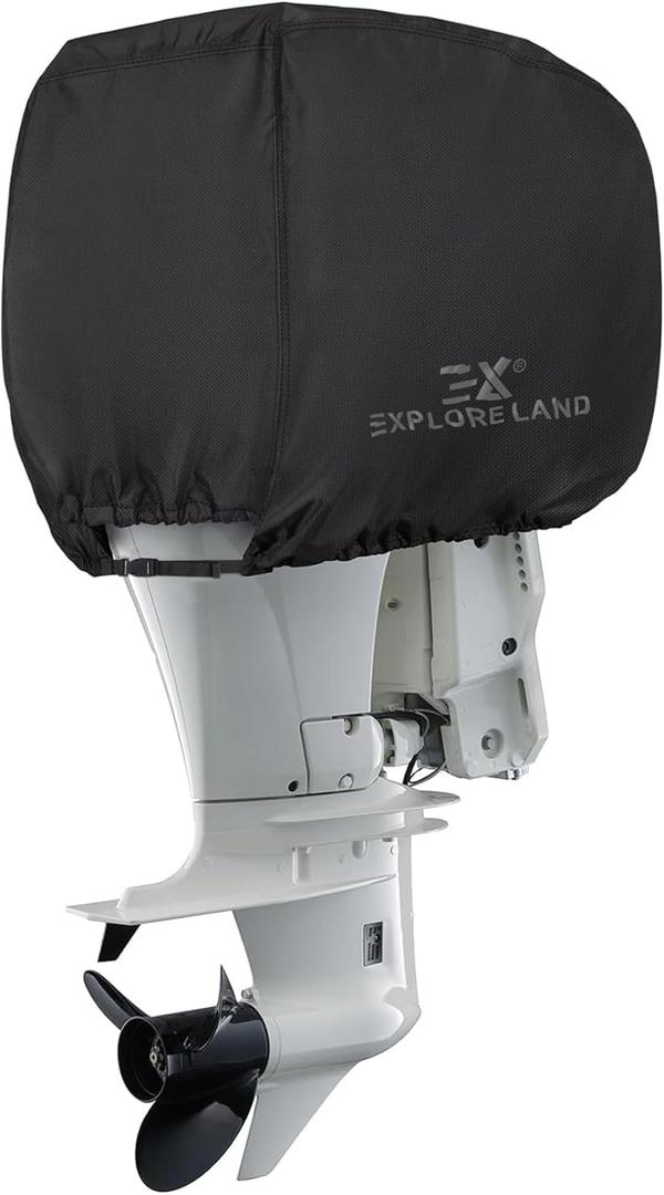 Explore Land Outboard Motor Cover - Waterproof 600D Heavy Duty Boat Engine Hood Covers - Fit for Motor 115-225 HP, Black