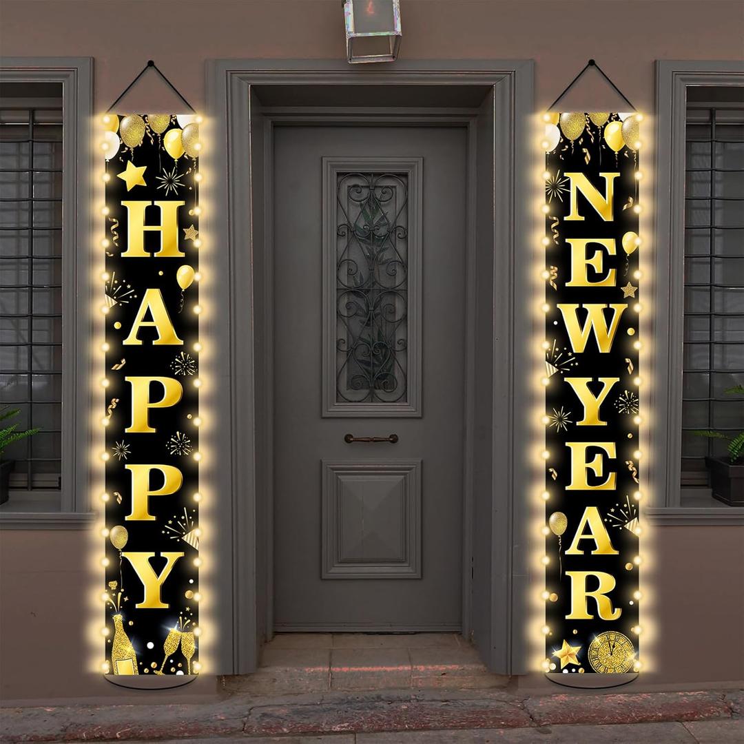 Happy New Year Door Banner with LED String Lights 2026 New Year Party Decorations Lighted Black Gold Porch Signs for New Year Eves Party Supplies for Outdoor Indoor Wall Home Outside Lighted Decor