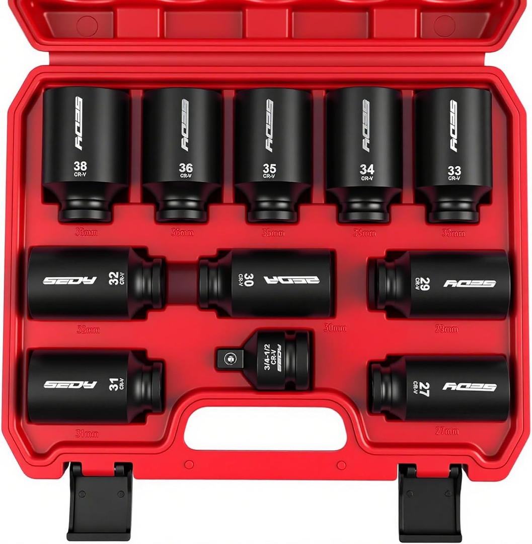 1/2 Drive Deep Impact Socket Set: 11-Piece Metric Size Wheel Axle Nut Wrench Metric Large Jumbo 27mm 29mm 30mm 31mm 32mm 33mm 34mm 35mm 36mm 38mm Spindle Joint High Torque Truck Bearing Locknut