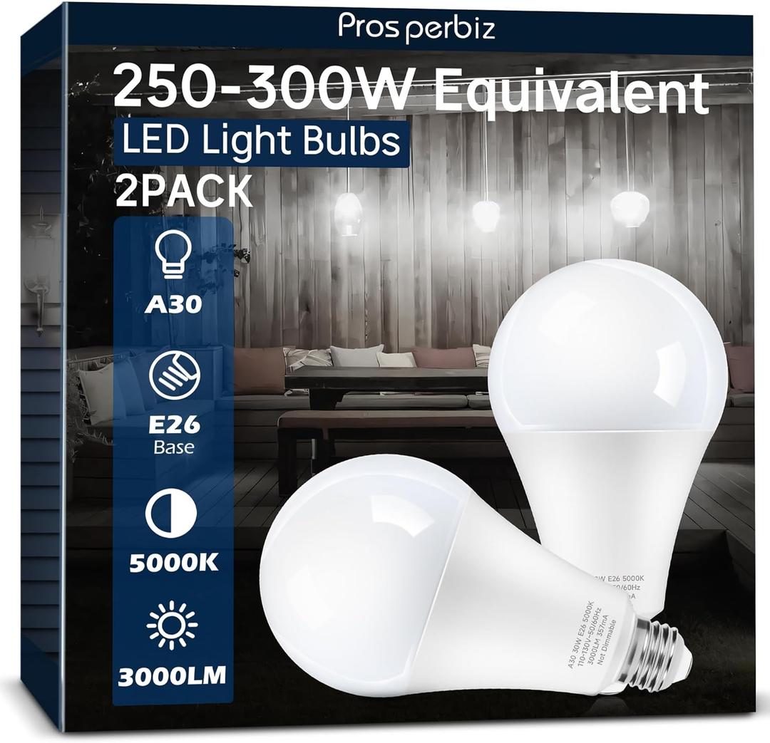 250 watt-300 watt Equivalent LED Light Bulbs, 3000 Lumens Daylight White 5000K 30W A30 LED Bulbs for Garage, Warehouse, Workshop, Commercial, Office, Backyard, E26 Base Light Bulb Non-Dimmable, 2-Pack